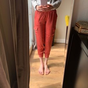 Dark pink rayon jogger pant.